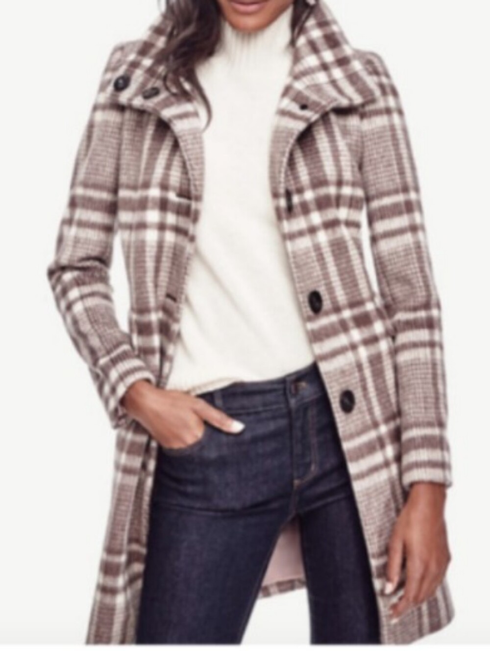 Like New Ann Taylor Plaid Classic Women's Coat in Taupe & Cream